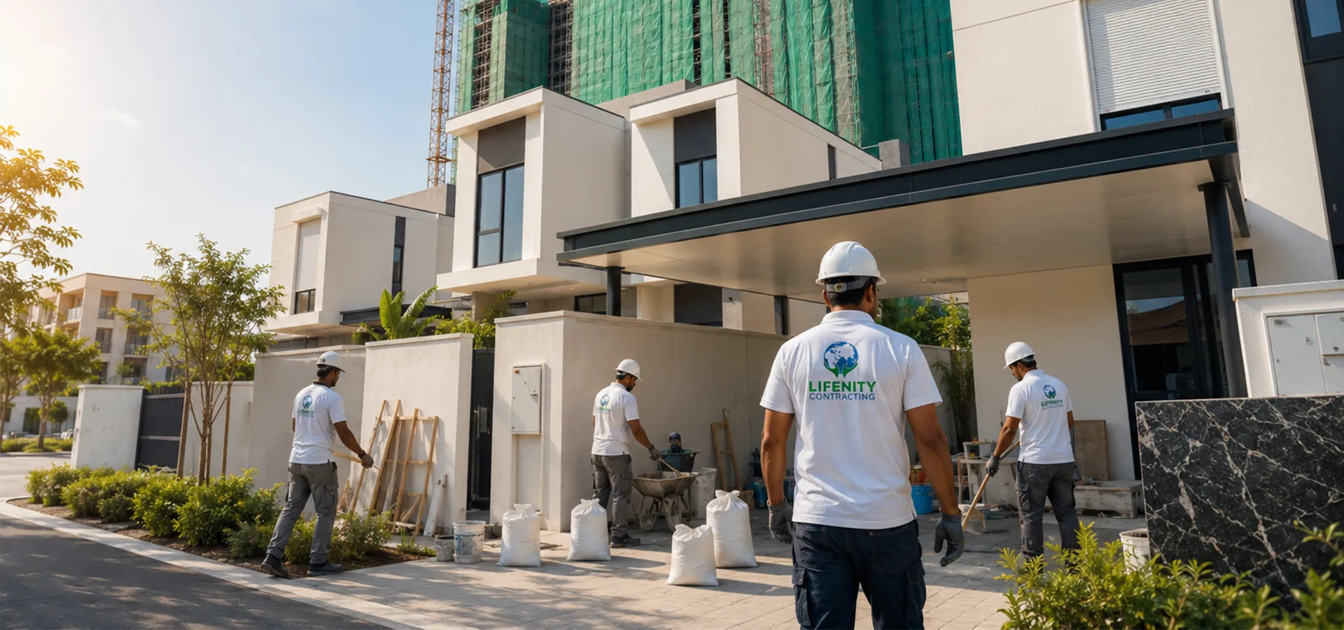 Lifenity Building Contracting hero banner showing a completed project in Dubai